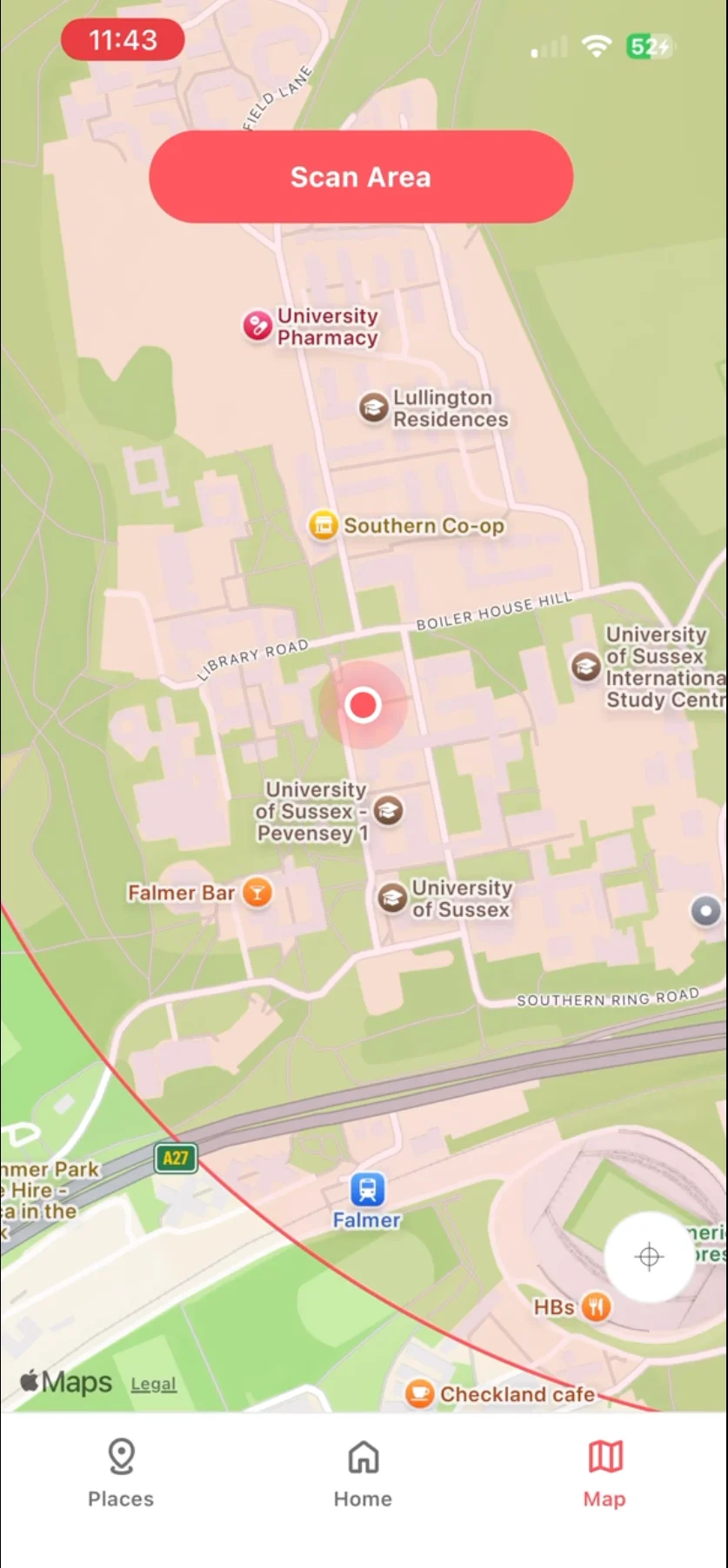 KnowWhere map screen showing the user's location on the University of Sussex campus, a search radius and a Scan Area button