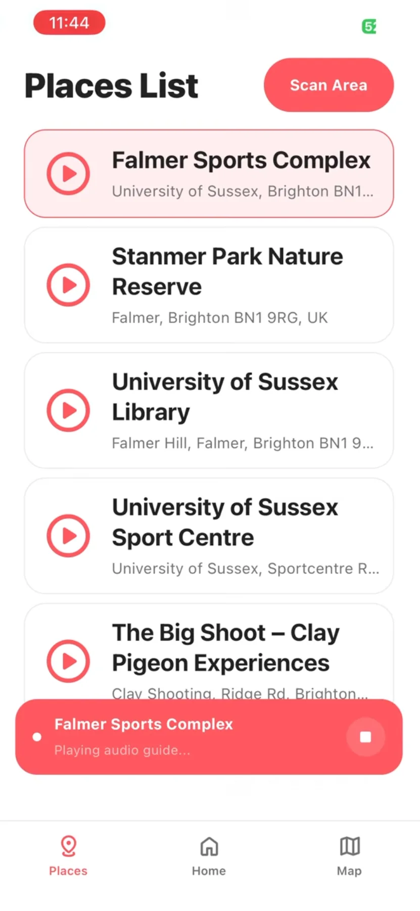 KnowWhere Places List showing five nearby places with play buttons, and a now-playing bar for the Falmer Sports Complex audio guide
