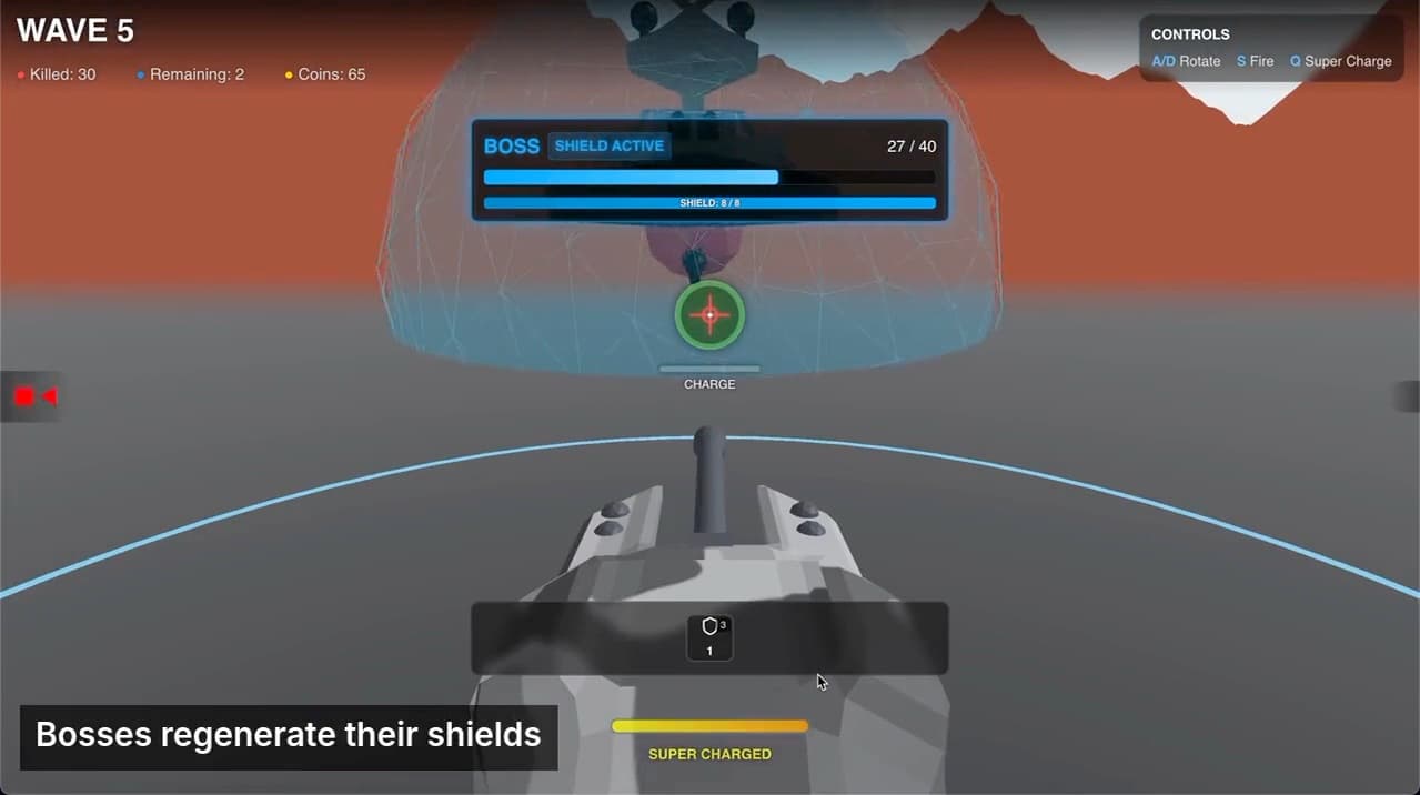 Turret Defence gameplay: rotating the turret to shoot enemies approaching from all sides